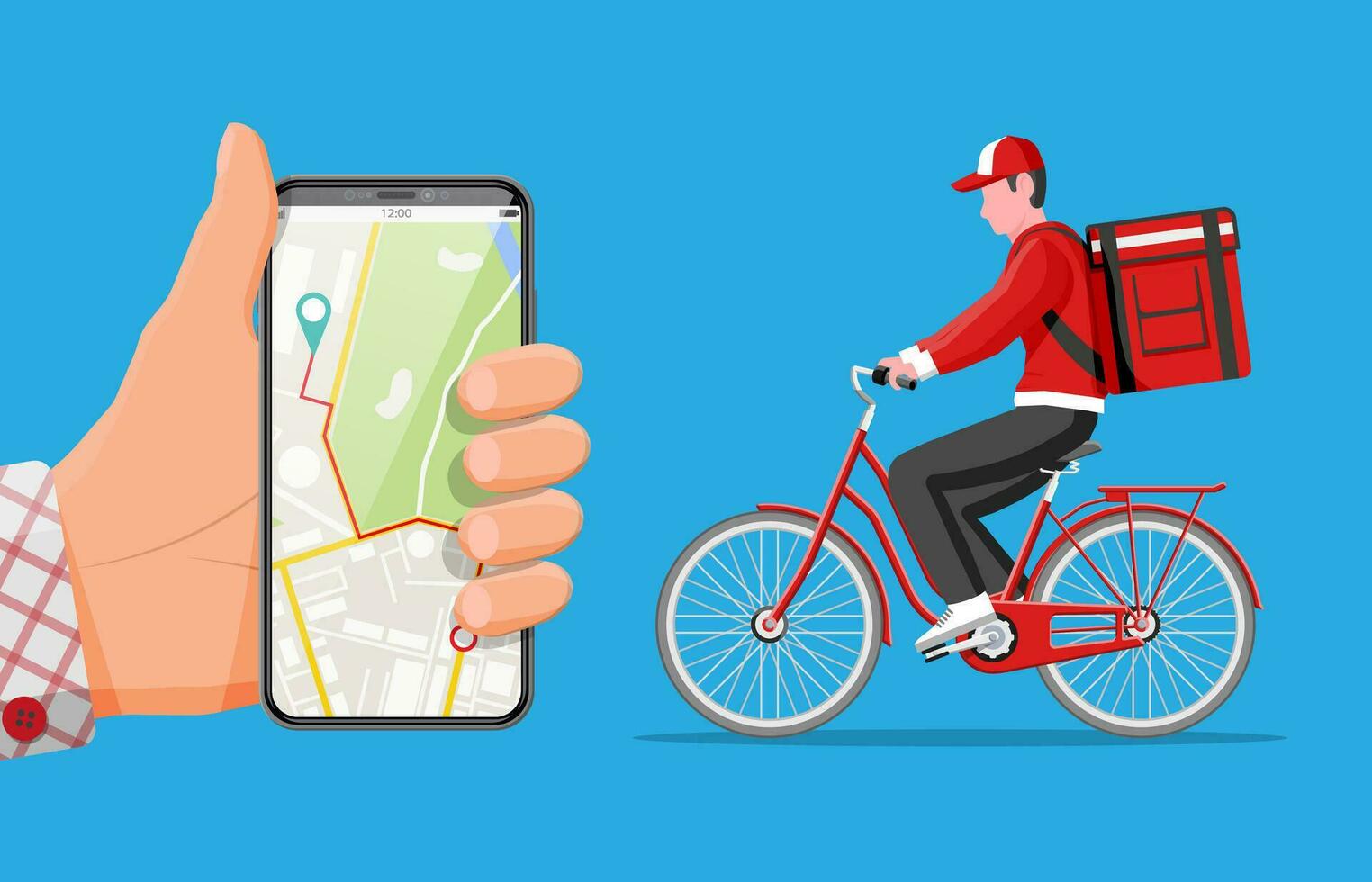 teléfono inteligente con aplicación y hombre montando bicicleta con el caja. concepto de rápido entrega en el ciudad. masculino mensajero con paquete o empaquetar caja en su espalda con bienes y productos dibujos animados plano vector ilustración