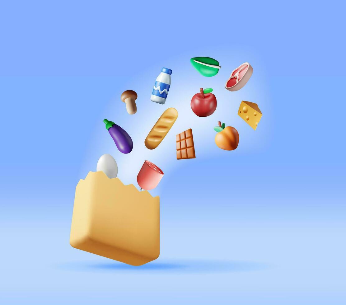 3D Shopping Paper Bag with Fresh Products. Render Grocery Store, Supermarket. Food and Drinks. Milk, Vegetables, Meat Chicken, Cheese, Sausage, Salad, Bread, Chocolate and Egg. Vector illustration