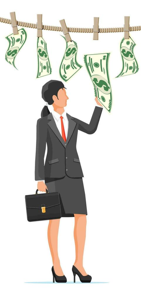 Businesswoman trying get wet dollar bills hanging on rope. Money laundering. Dirty money. Hidden wages, salaries black payments, tax evasion, bribe. Anti corruption. Flat vector illustration