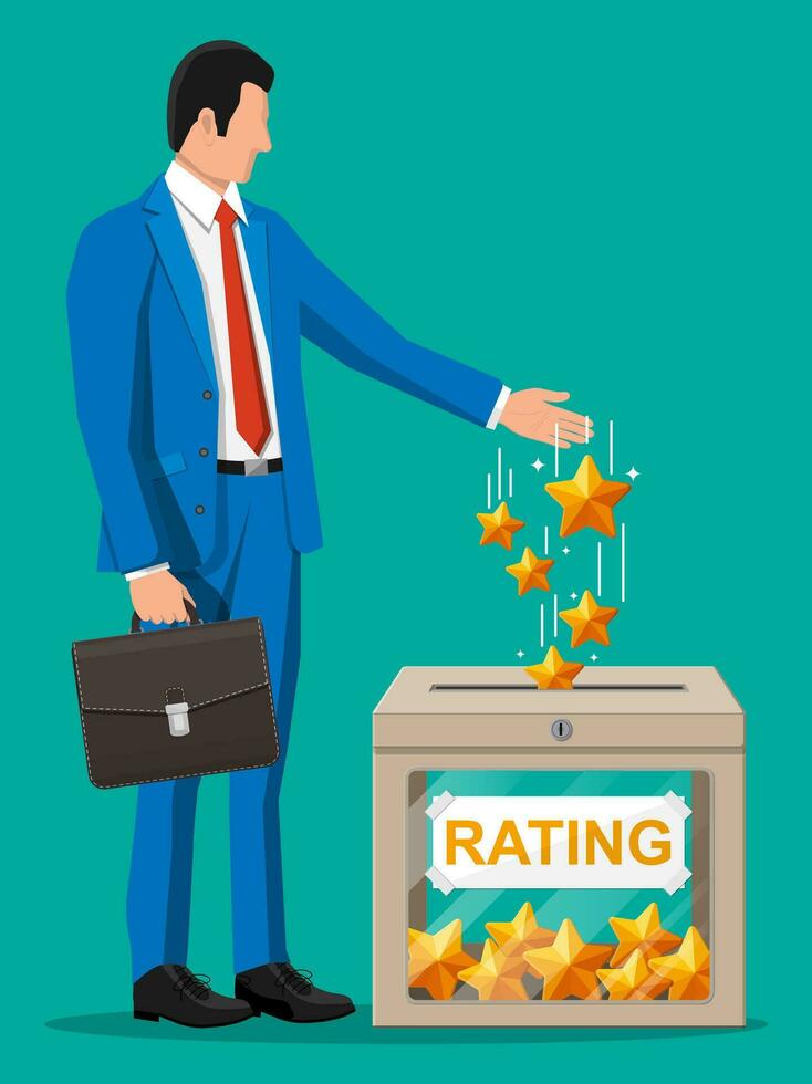 Businessman and rating box. Reviews five stars. Testimonials, rating, feedback, survey, quality and review. Vector illustration in flat style