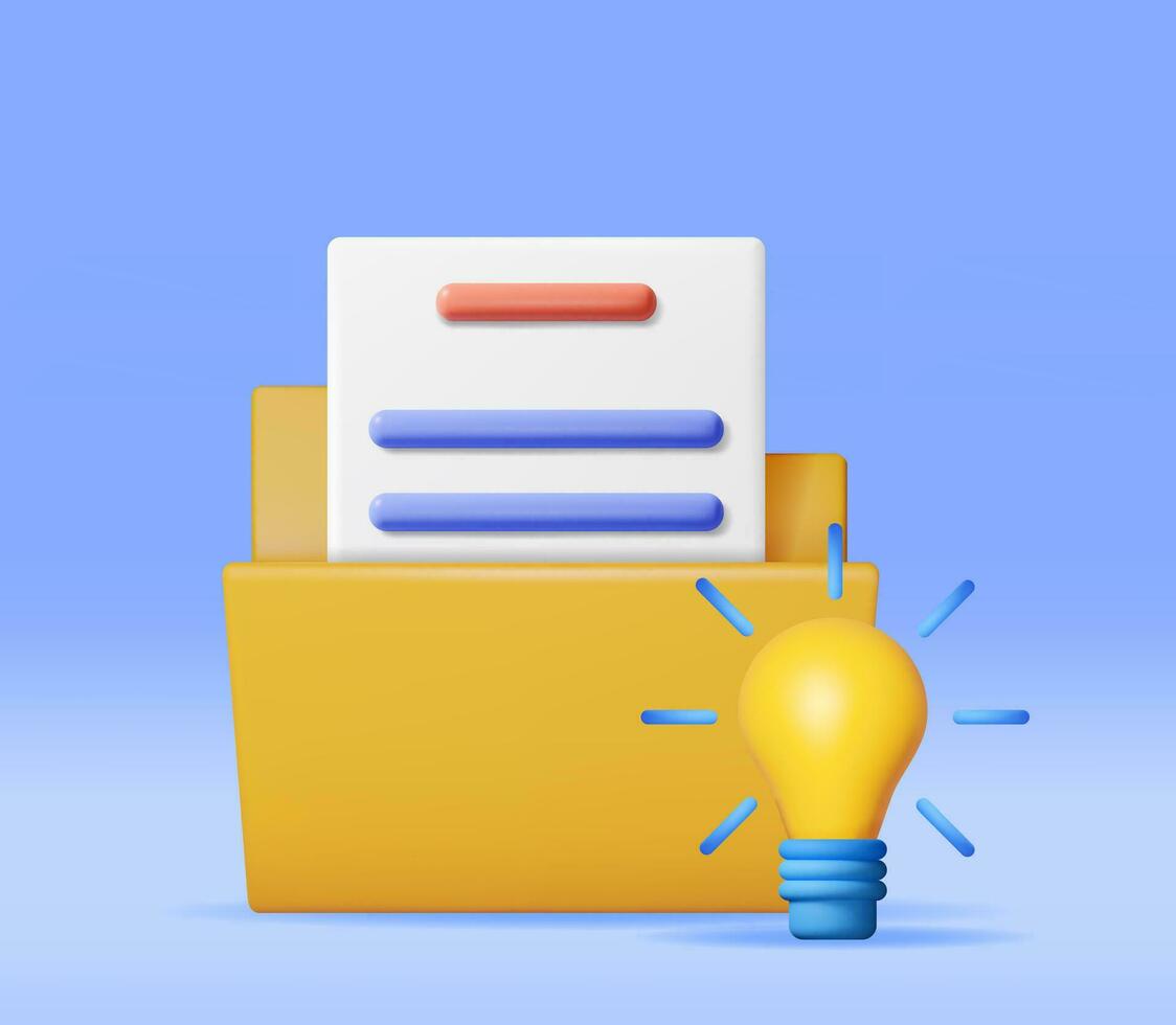 3D Business Folder full of Papers and Idea Bulb Isolated. Render Yellow Folder for Correspondence, File for Paper Documents. Open Folder Icon, Manila Archive Case or Ring Binder. Vector Illustration