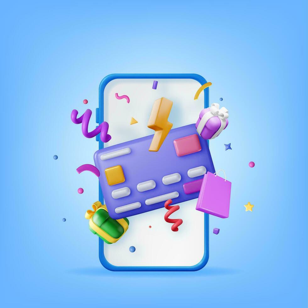 3d en línea compras concepto. hacer teléfono inteligente con compras simbolos bolsa, banco tarjeta, dinero, regalo caja y papel picado. en línea comercio, pago y entrega. vector ilustración