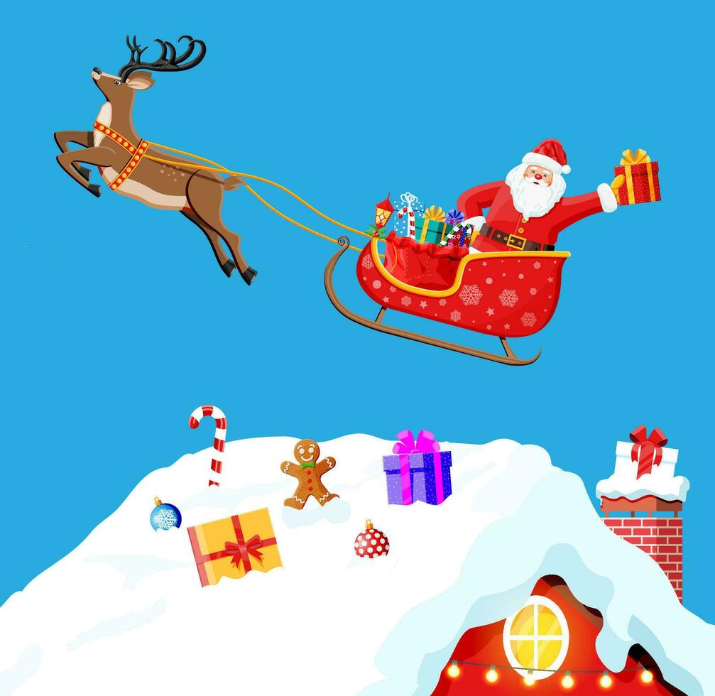 Christmas Card with Rooftop. Santa claus with gifts. Happy new year decoration. Merry christmas holiday. New year and xmas celebration. Vector illustration in flat style
