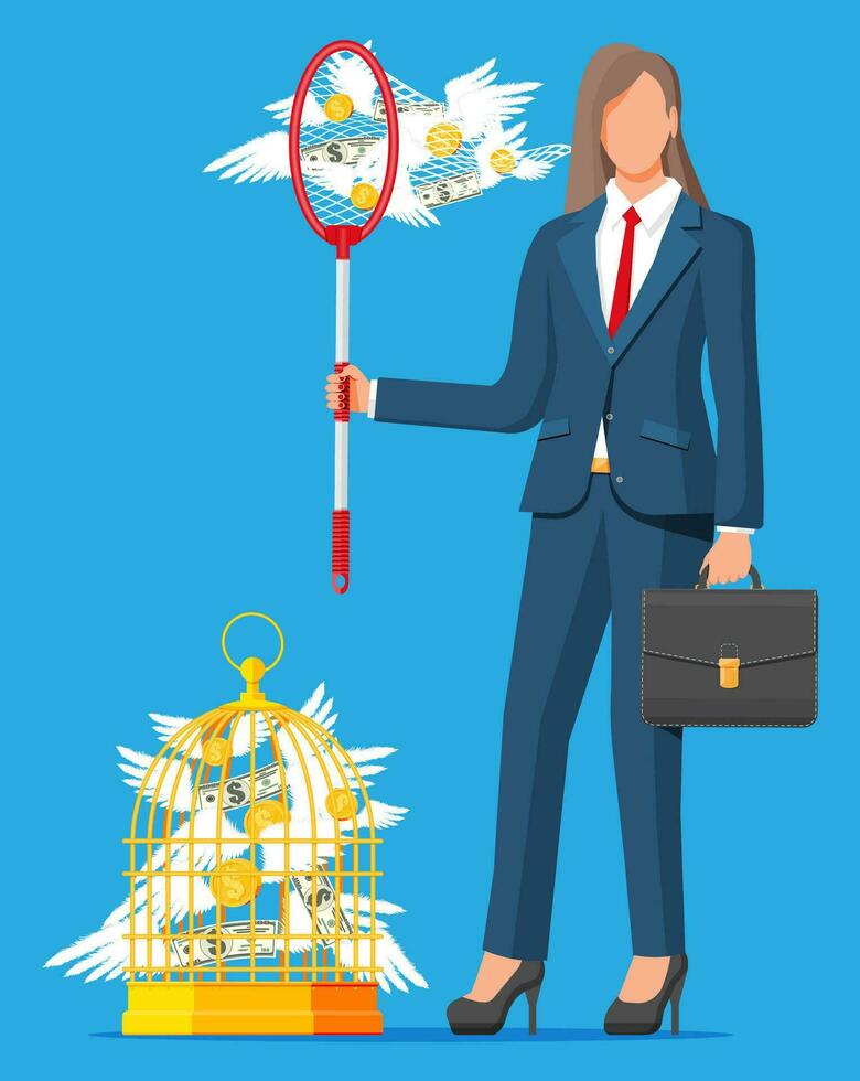 Businesswoman with butterfly net and cage chasing money. Dollar banknotes and gold coins with wings in birdcage. Concept of success career growth. Achievement and goal. Flat vector illustration