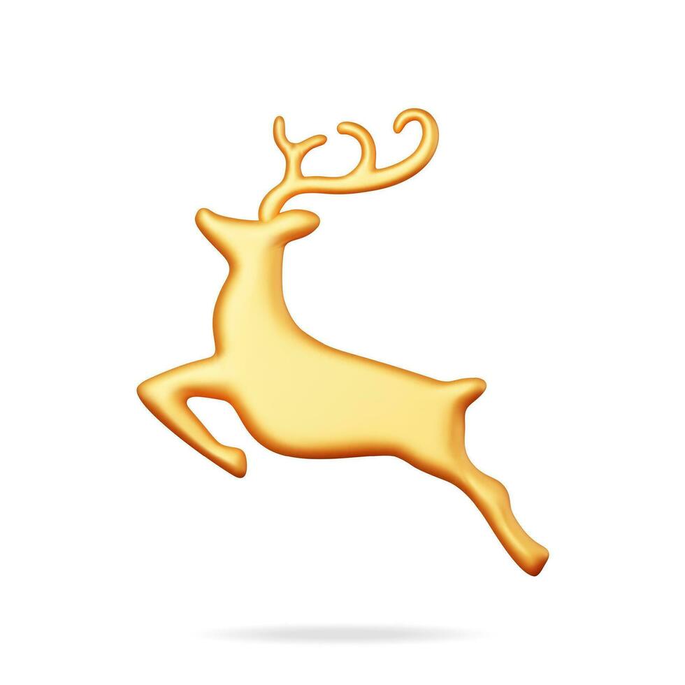 3D Christmas Deer Statue Isolated. Render Gold Deer Figurine. Cute Deer with Antlers. Happy New Year Reindeer Decoration. Merry Christmas Holiday. New Year and Xmas Celebration. Vector Illustration