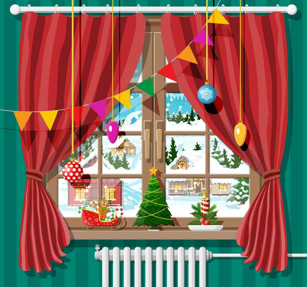 Winter window with red curtains, view from the room. Tree and candle on the sill. Warm cozy interior. Christmas landscape, hills, snow, village, forest, falling snow. Cartoon flat vector illustration.