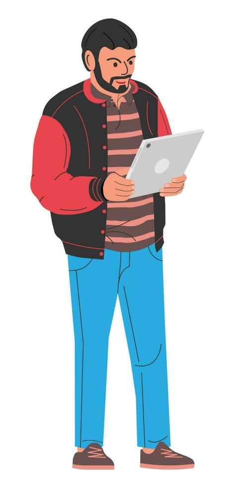 barbado de moda hombre participación tableta computadora. chico en casual ropa con tableta ordenador personal. masculino personaje en chaqueta y pantalones con computadora. eso ingeniero en pie pose. dibujos animados plano vector ilustración