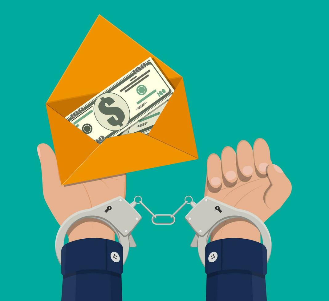 Hand in handcuffs with envelope full of money. Freedom for bribe. Hidden wages, salaries black payments, tax evasion, criminal and bribe. Anti corruption concept. Vector illustration in flat style