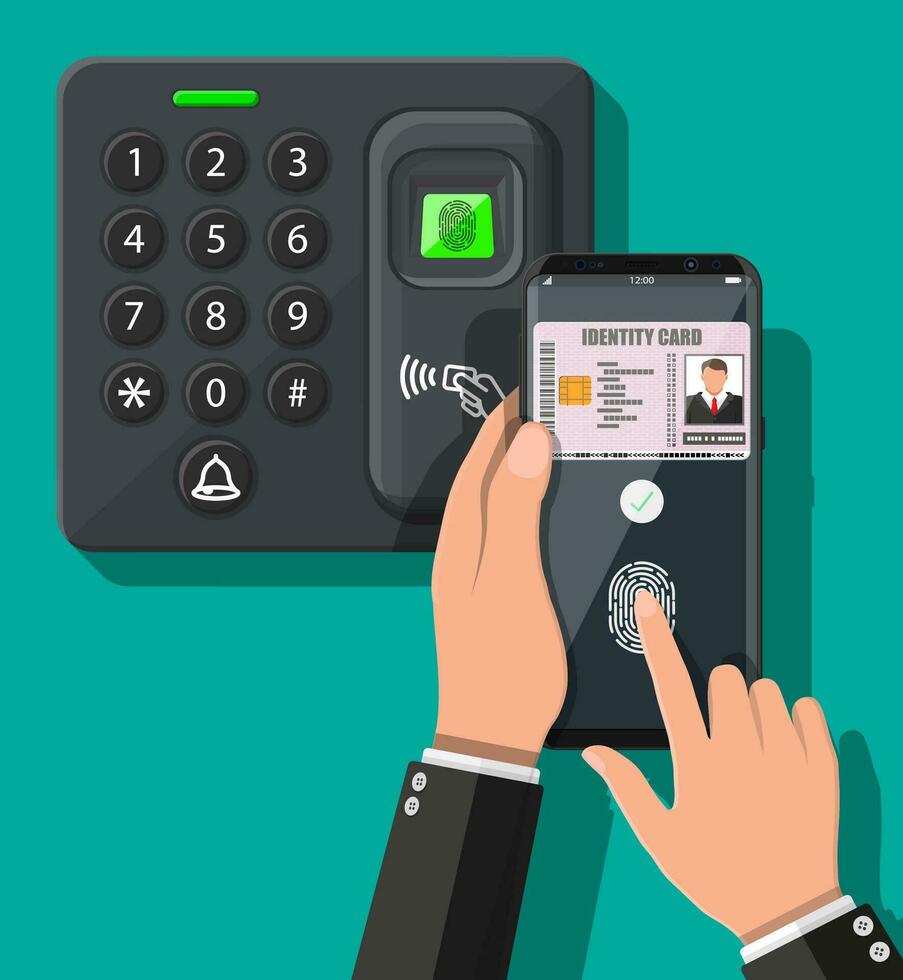 Password and fingerprint security device at office or home door. Hand with smartphone with id card application. Access control machine, time attendance. Proximity card reader. Flat vector illustration