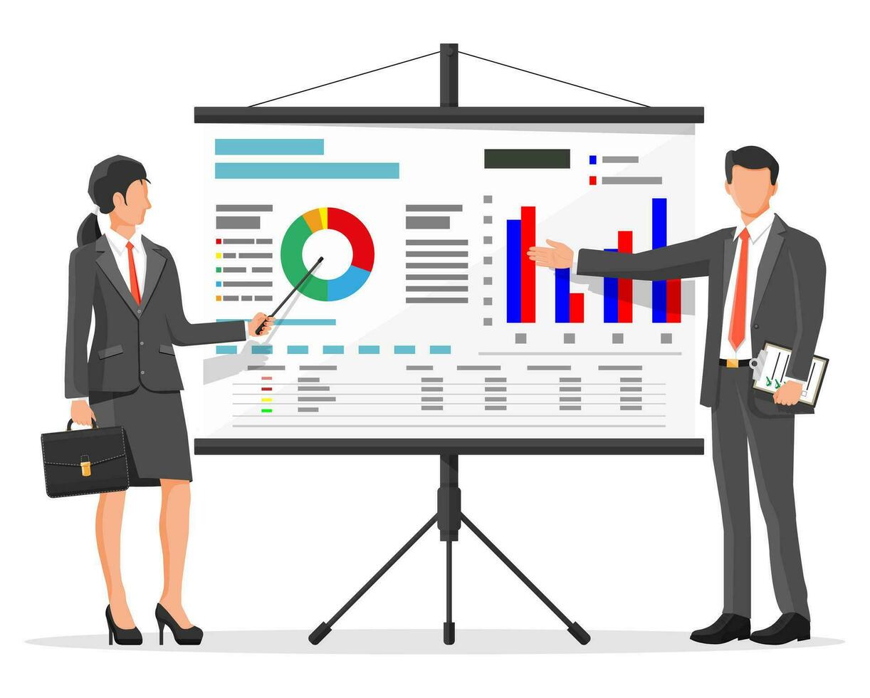Businesswoman and businessman in suit giving presentation with projector screen. TV screen with financial report, lecturer. Training staff, meeting, report, business school. Flat vector illustration