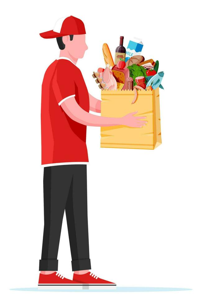 hombre con compras bolso lleno de Fresco productos tienda de comestibles Tienda supermercado. comida y bebidas leche, verduras, carne, pollo queso, salchichas, ensalada, un pan cereal filete huevo. plano vector ilustración