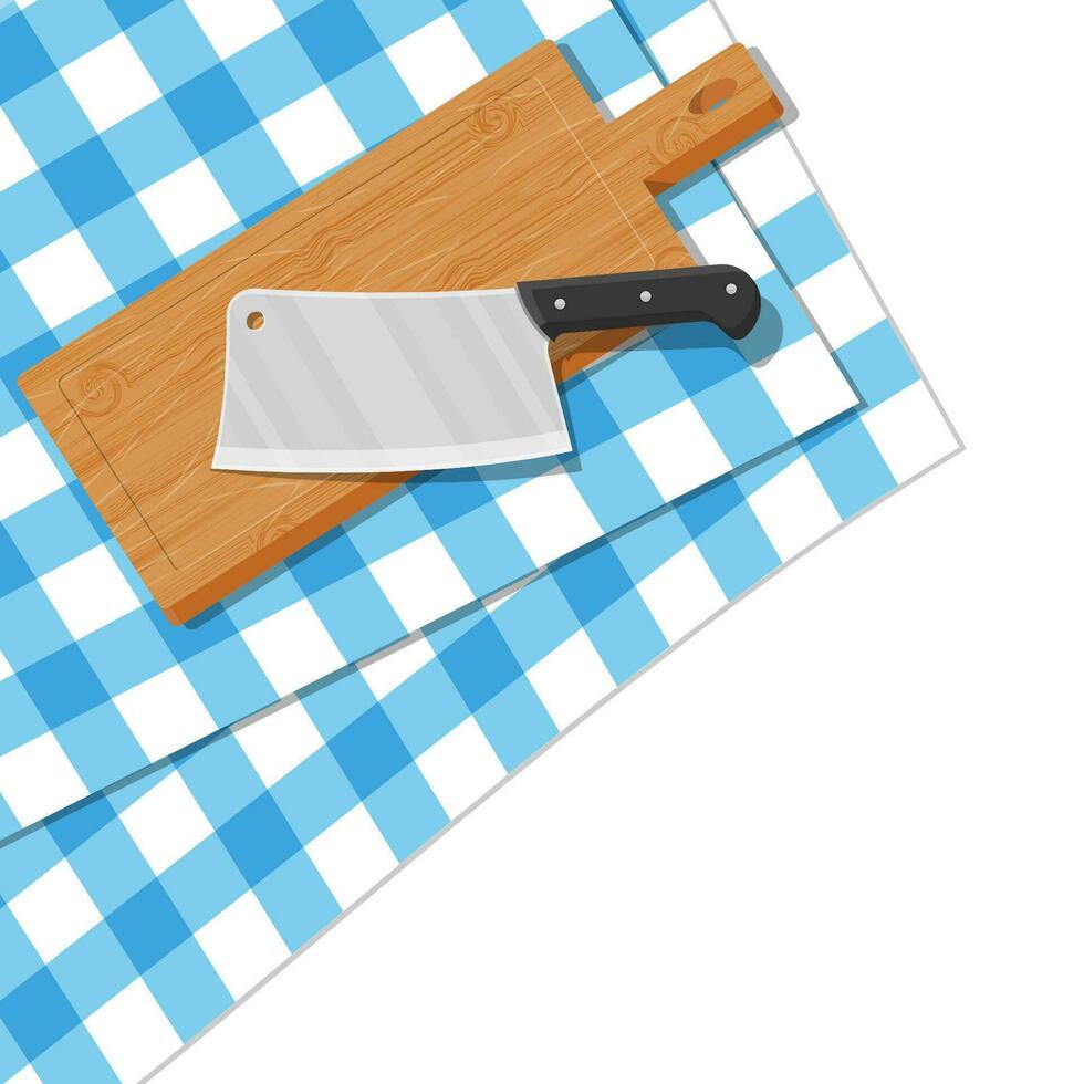 Wooden cutting board and kitchen knife. Table with tablecloth. Butcher cleaver knife and chopping board. Utensils, household cutlery. Cooking, domestic kitchenware. Vector illustration in flat style