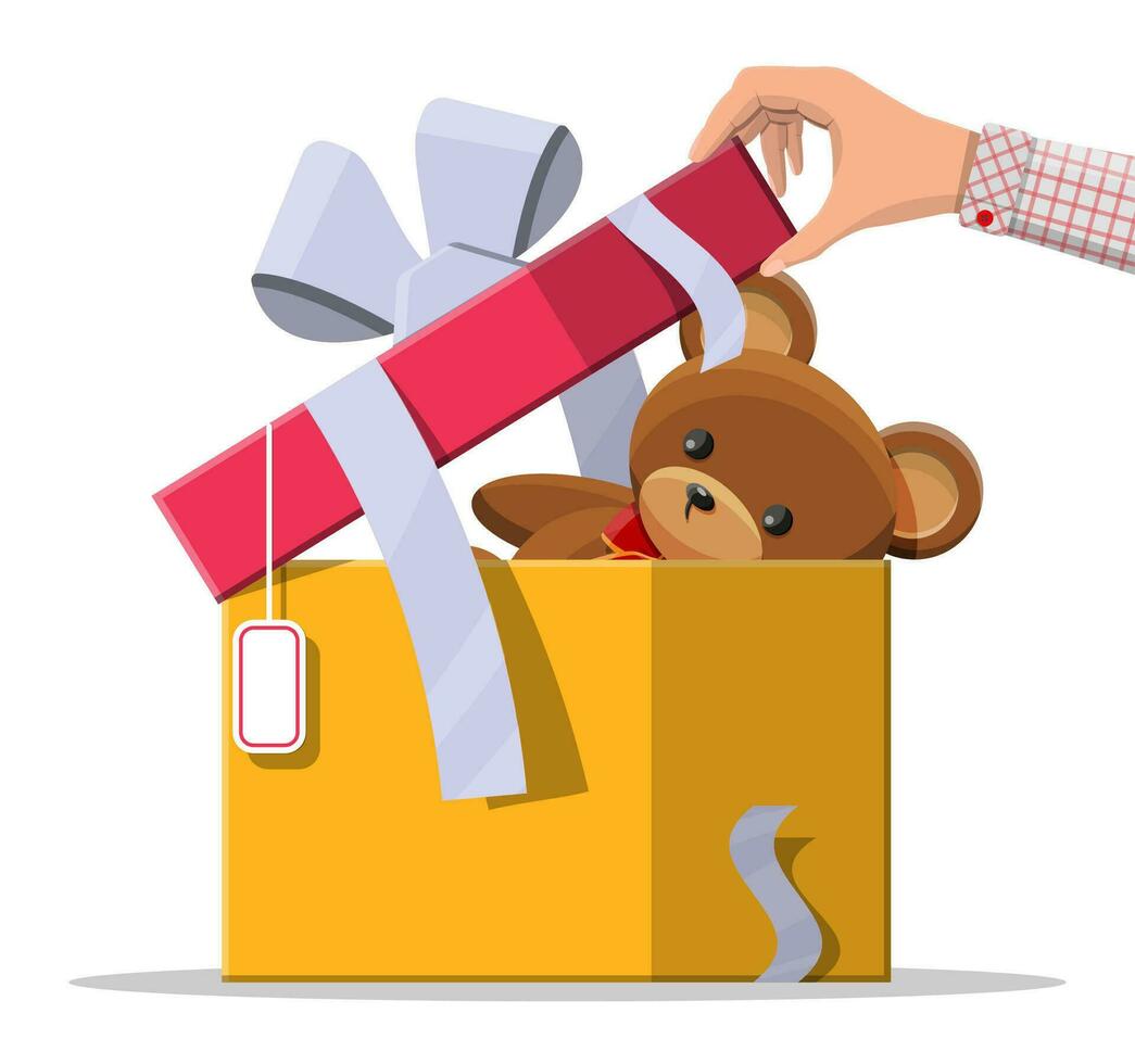 osito de peluche oso dentro regalo caja. oso felpa juguete. oso de peluche icono. Navidad o nuevo año regalo. niños donación. vector ilustración en plano estilo