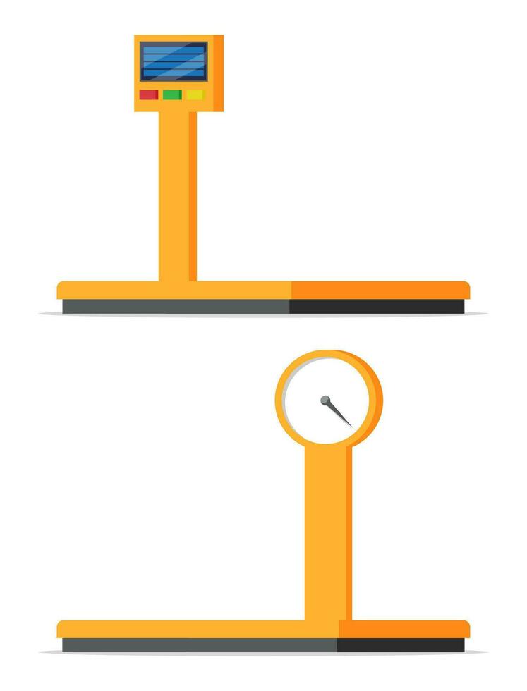 Industrial cargo weight scales. Weight of goods. Logistic and distribution, parcel package, cardboard boxes. Empty scale isolated on white. Warehouse service, delivery. Flat vector illustration