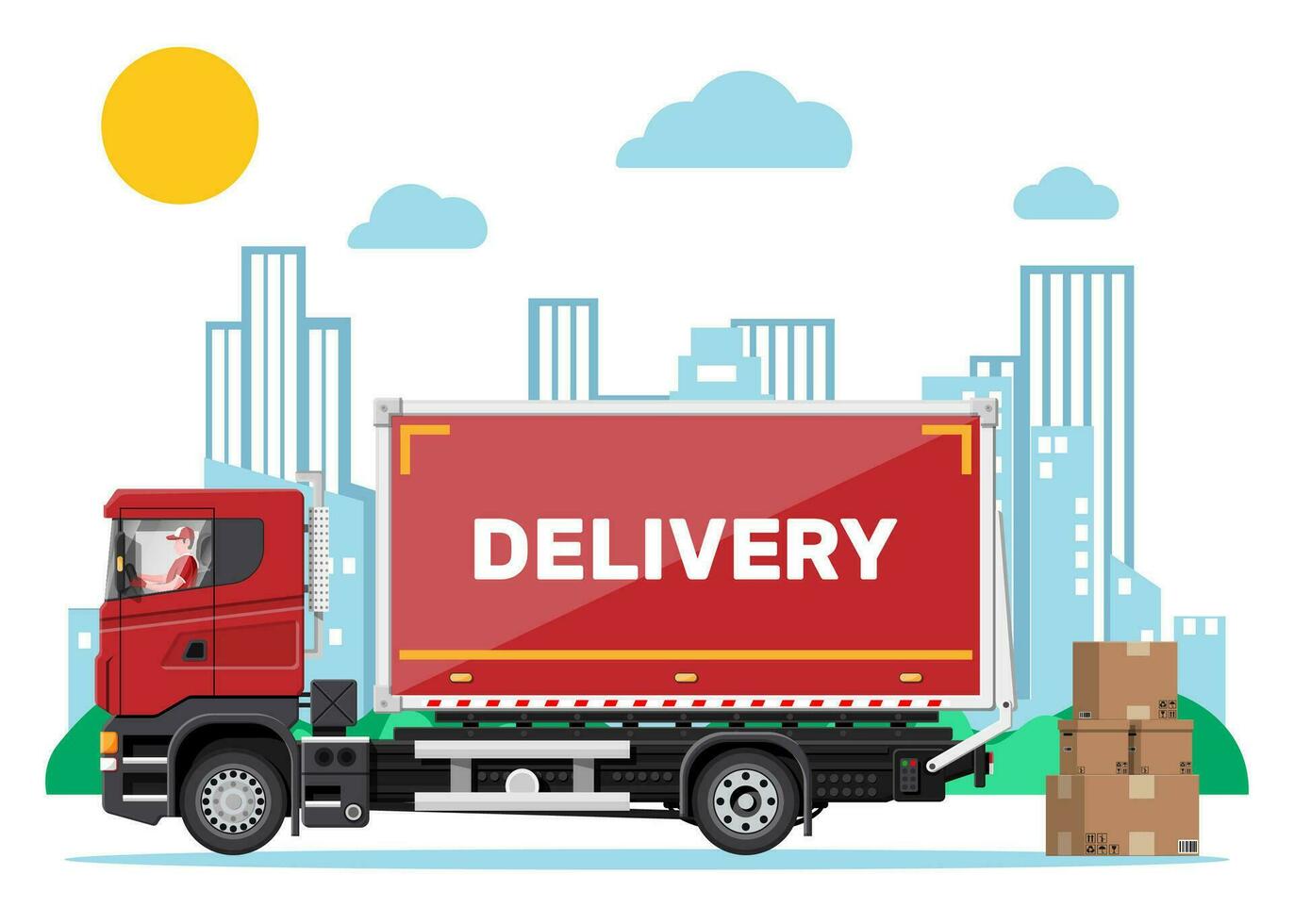 Red delivery van and cardboard boxes, cityscape background. Express delivering services commercial truck. Concept of fast and free delivery by car. Cargo and logistic. Cartoon flat vector illustration