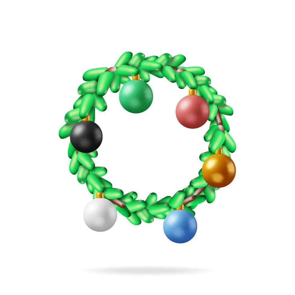 3D Christmas Wreath with Glass Balls Isolated. Render Evergreen Tree, Fir Branches. Happy New Year Decoration. Merry Christmas Holiday. New Year and Xmas Celebration. Vector Illustration