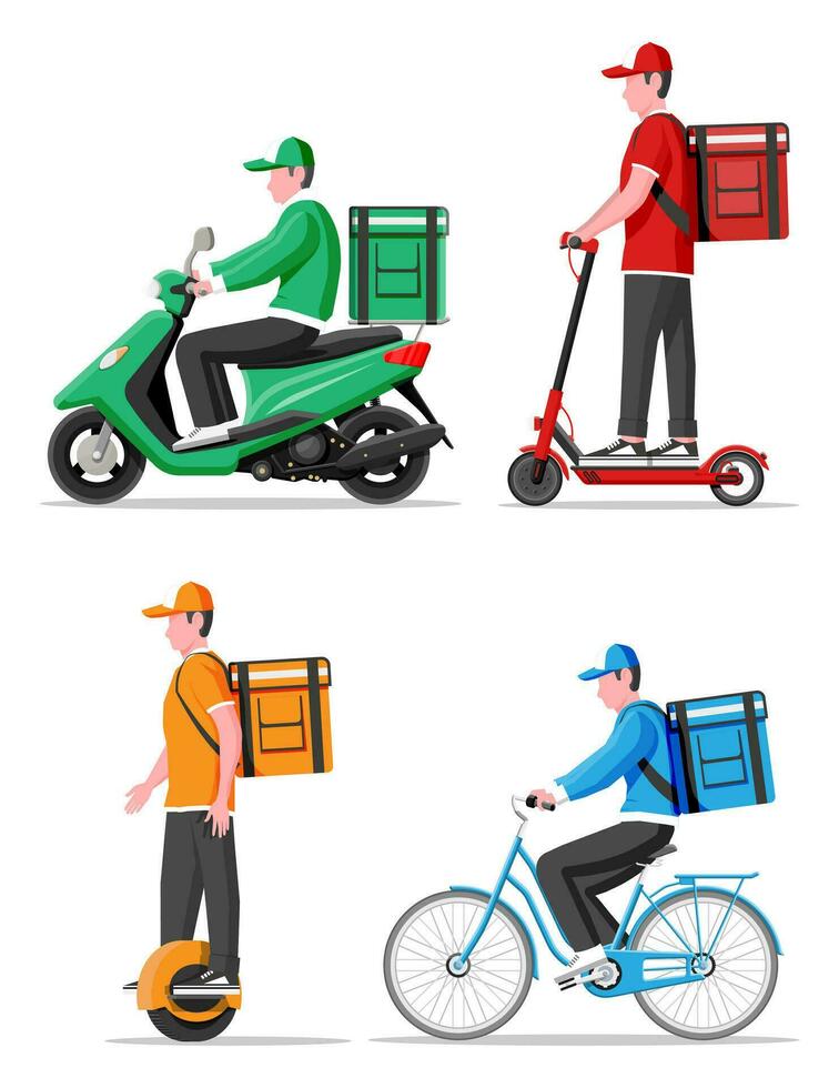 Delivery man on monowheel, scooter, motorbike, bicycle. Fast delivery in city. Male courier with parcel box with goods, products. Ecological, convenient city transportation. Flat vector illustration