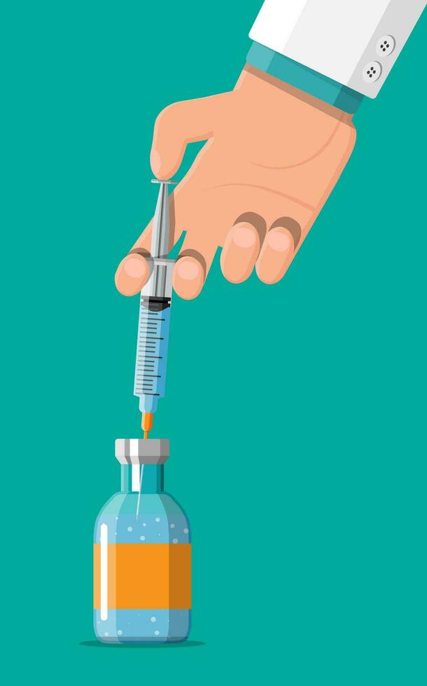 Ampoule and syringe with medicament in hand. Vaccination concept. Injection syringe needles. Medical equipment. Healthcare, hospital and medical diagnostics. Vector illustration in flat style