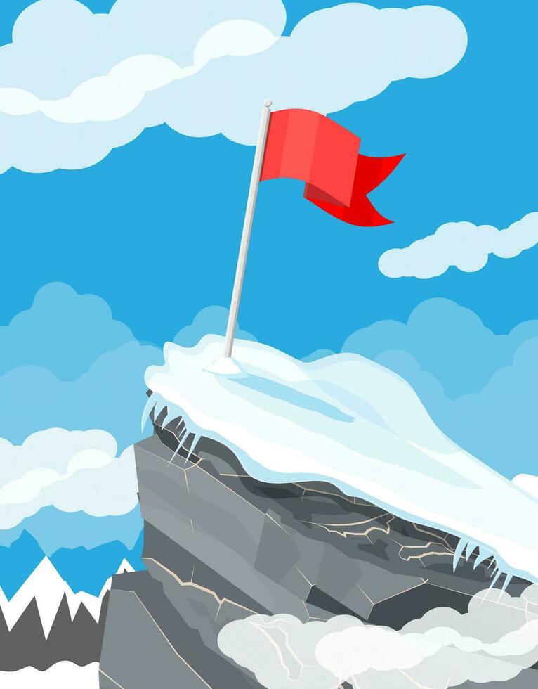 Flag on peak of mountain. Business success, target, triumph, goal or achievement. Winning of competition. Rocky mountains, sky with clouds and sun. Vector illustration in flat style.