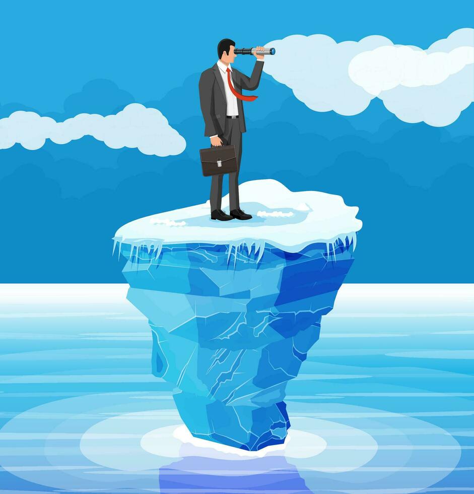 Businessman with spyglass on tiny iceberg in ocean. Obstacle on work, financial crisis. Risk management, leader. Success, achievement, vision career goal. Flat vector illustration