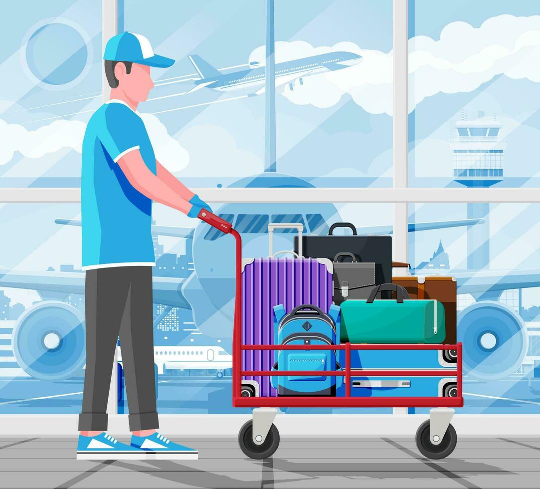 Modern And Vintage Travel Bag Collection On Hand truck. Male Mover. Set Of Plastic And Leather Business Case. Trolley On Wheels. Travel Backpack, Urban Baggage And luggage. Flat Vector Illustration