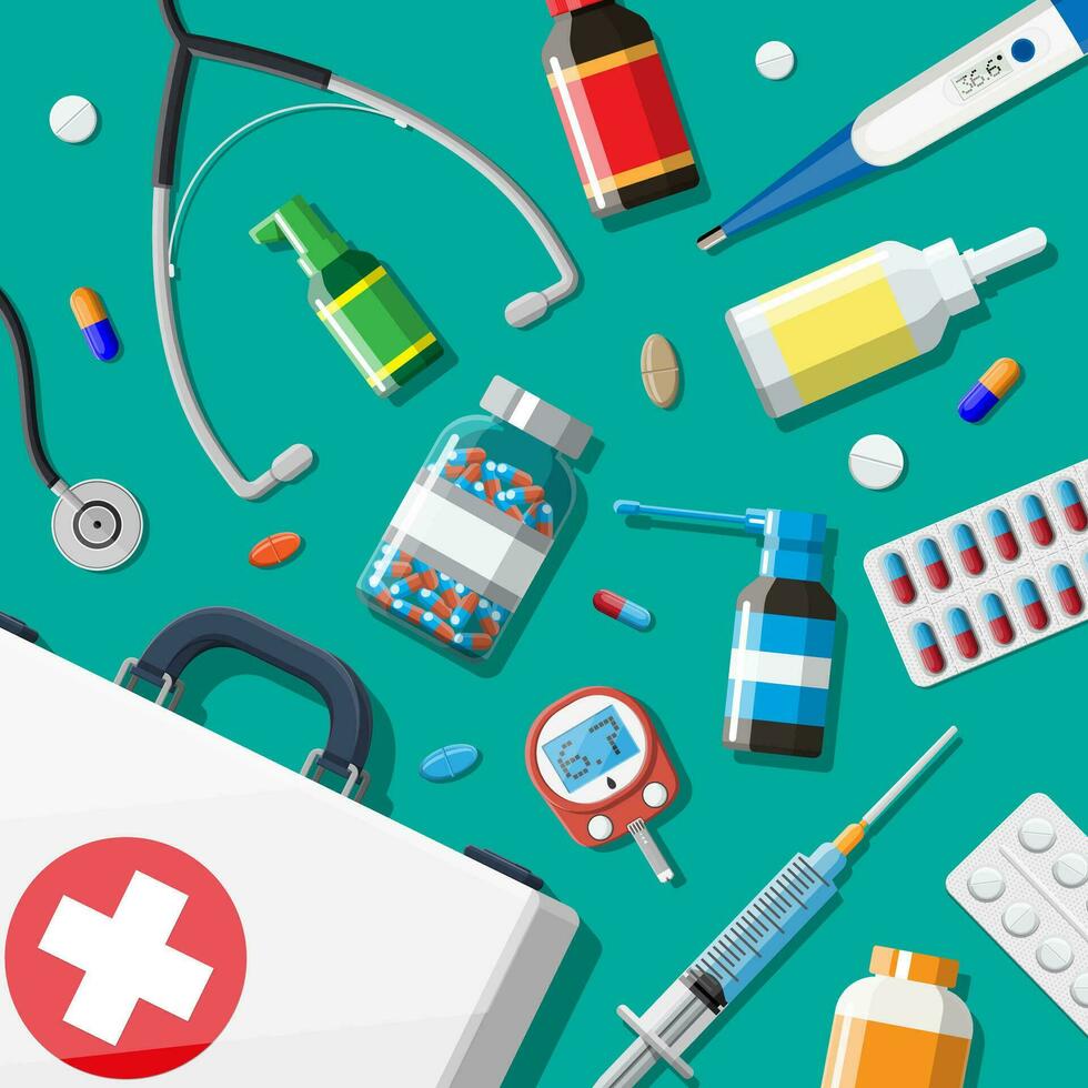 Medical first aid kit with different pills and medical devices. Medical tools, drugs, stethoscope, syringe, glucometer, thermometer. Healthcare diagnostics. Urgency emergency. Flat vector illustration