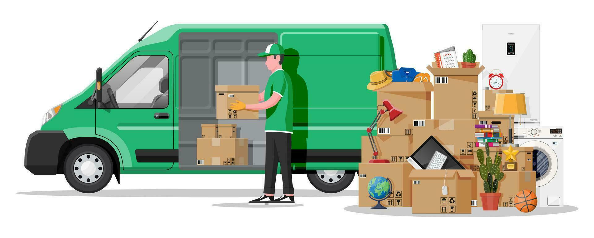 Delivery van with open door and home stuff. Moving to new house. Family relocated to new home. Boxes with goods. Package transportation. Computer, lamp, clothes, books. Flat vector illustration