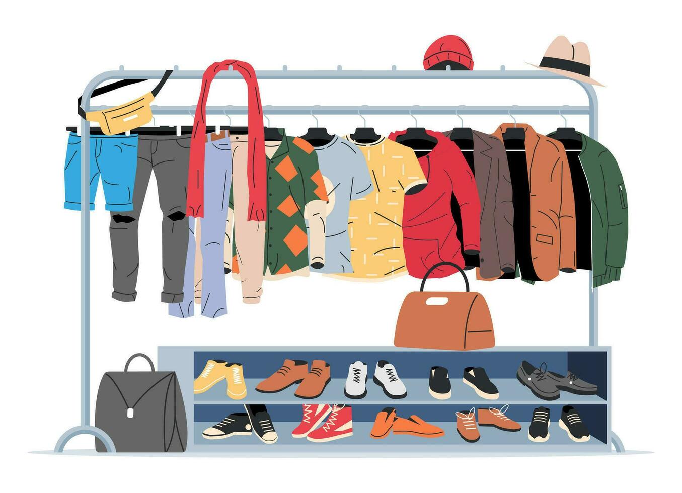 Clothes and Accessories Hanging on Hanger. Home or Shop Wardrobe. Clothes and Accessories. Various Hanging Clothing. Jacket, Shirt, Jeans, Pants, Bags, Shoes and Hats. Cartoon Flat Vector Illustration