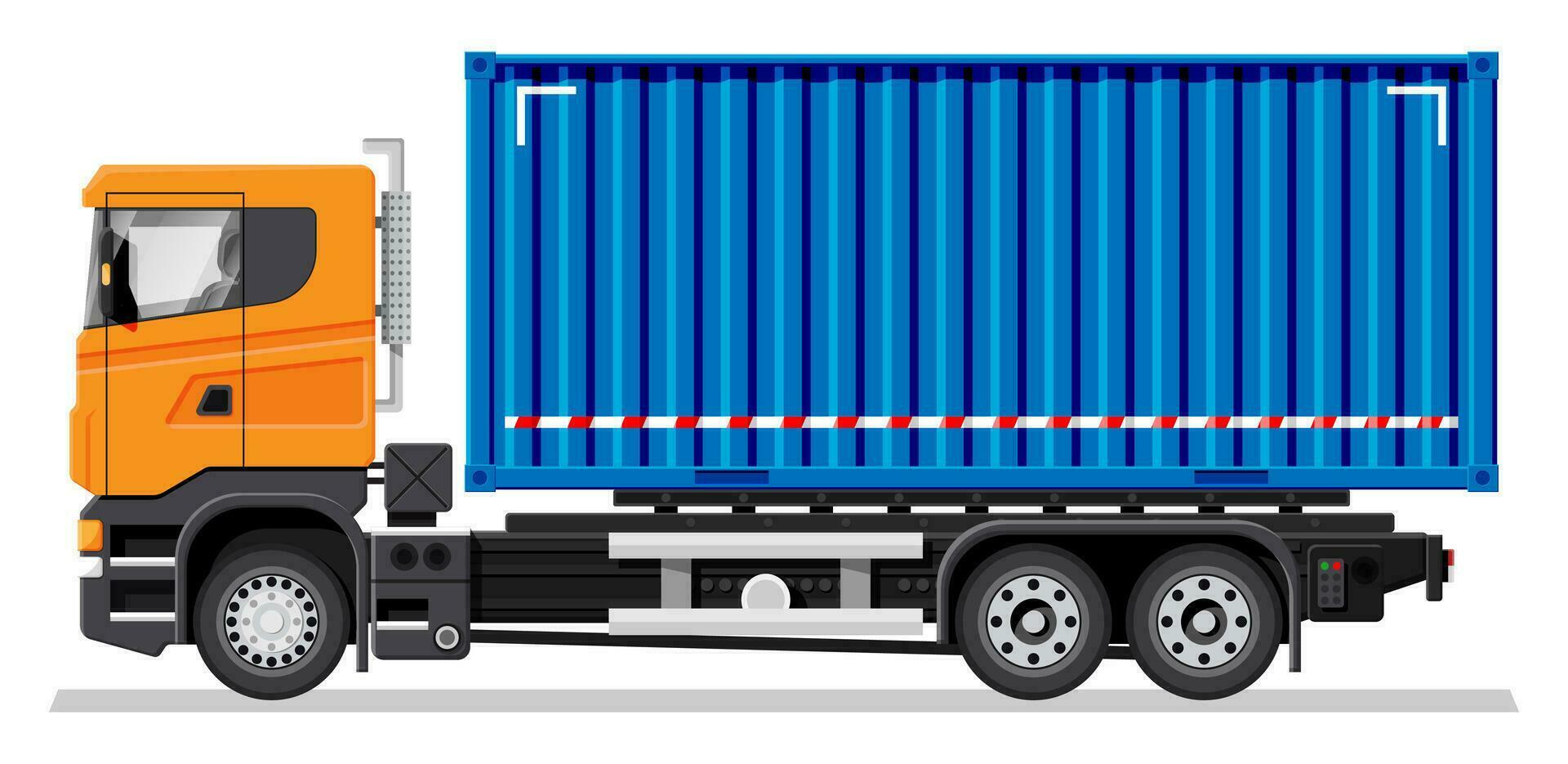 Container vehicle isolated on white background. Express delivering services commercial truck. Concept of fast and free delivery by car. Cargo and logistic. Cartoon flat vector illustration