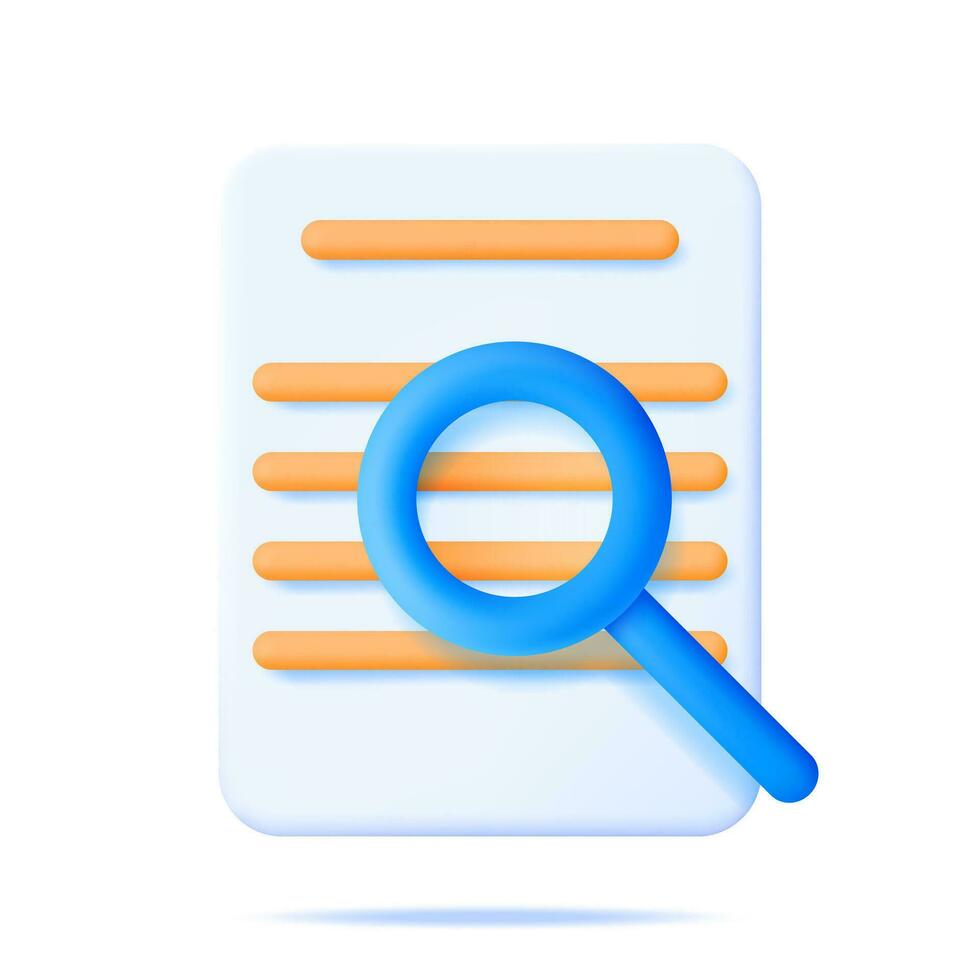 3D Paper Document with Magnifying Glass Isolated. Analysis of Sheet with Loupe. Focus Research and Online Data Monitoring. Discovery, Analysis, Research, Investigation, Search. Vector Illustration