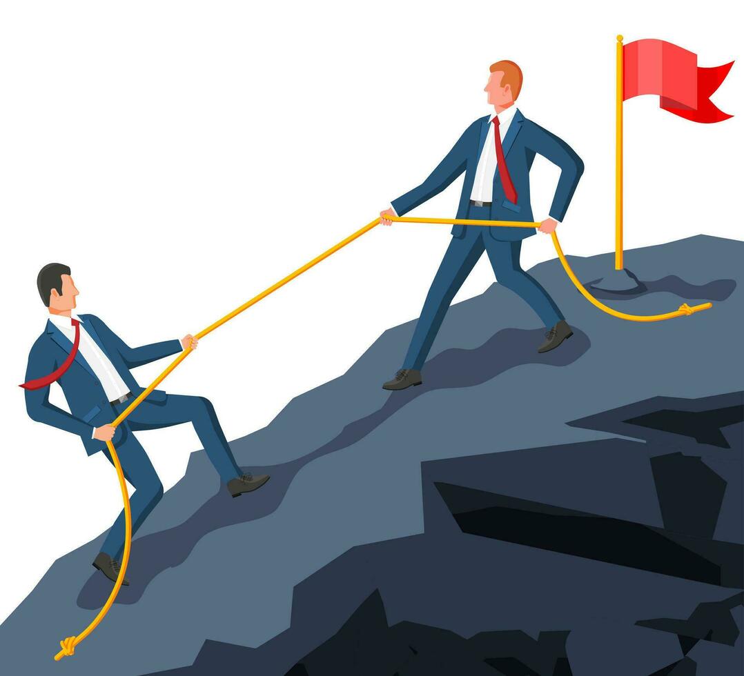 Group of Business Man Climbing on Mountain Peak. Symbol of Team Work, Victory, Successful Mission, Goal and Achievement. Trials and Testing. Win, Business Success. Flat Vector Illustration