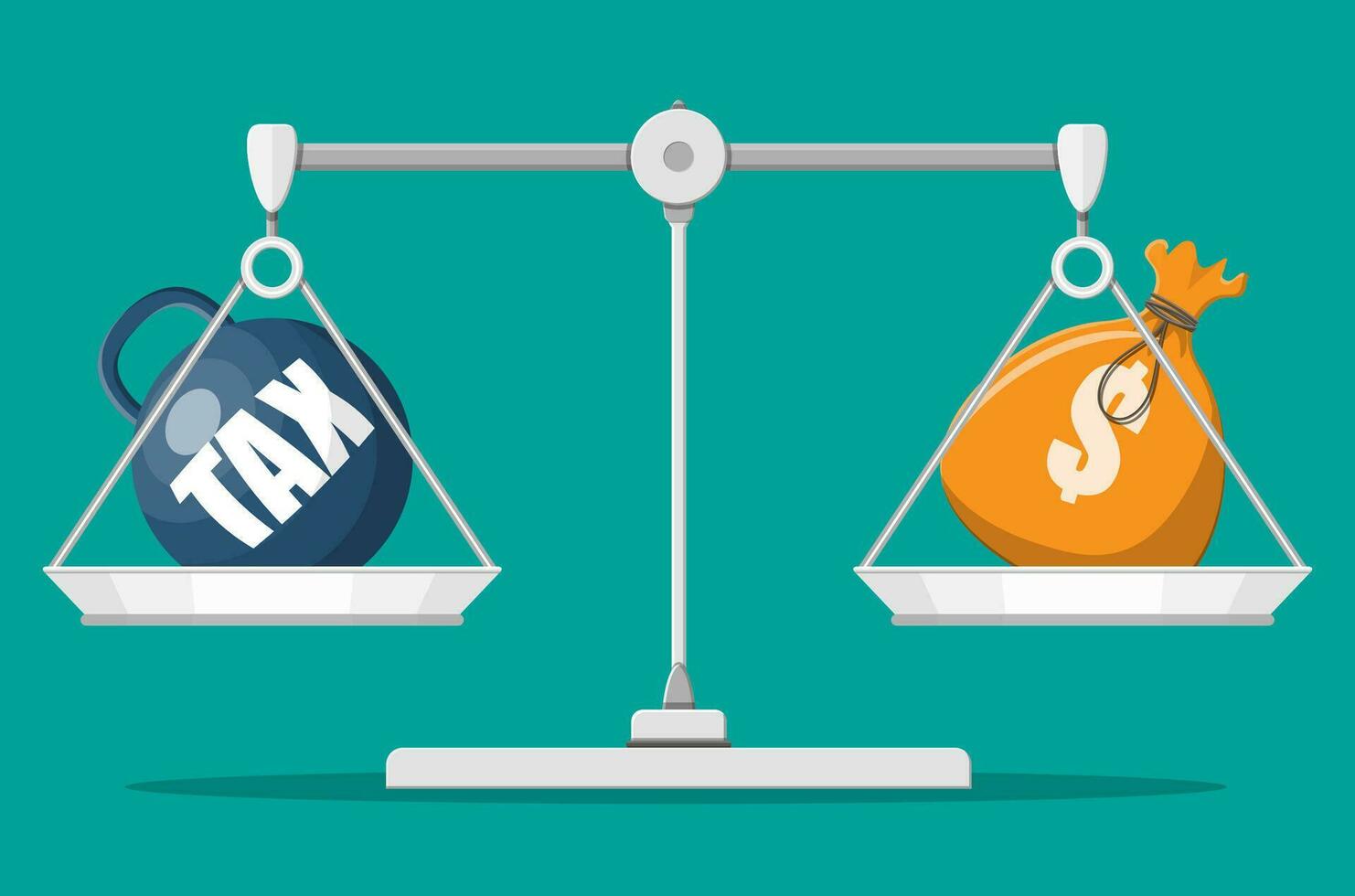 Scales balancing with metal tax weight ball and money bag. Tax burden concept. Debt, fee, crisis and bankruptcy. Vector illustration in flat style