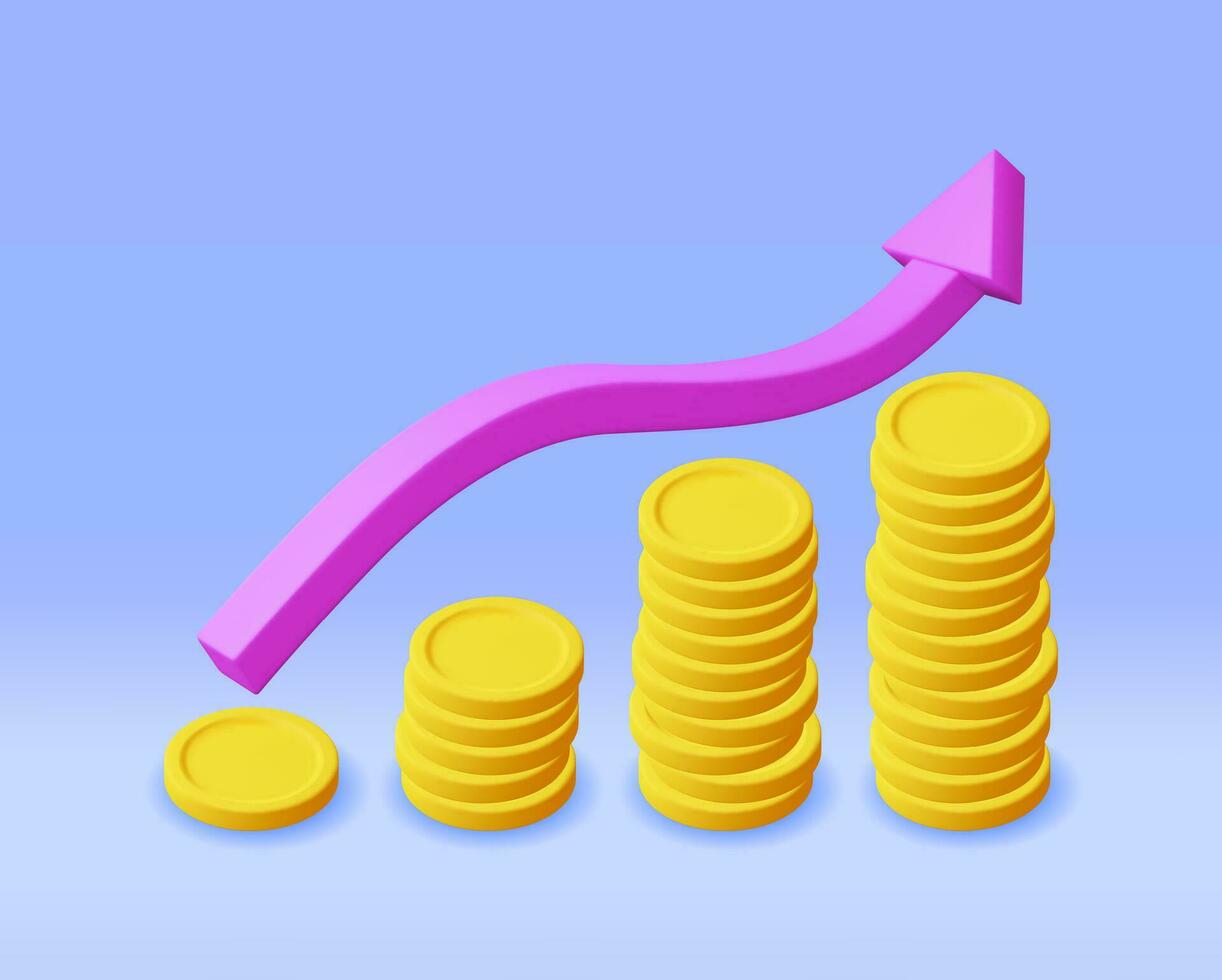 3D Growth Stock Chart Arrow with Golden Coins. Render Stock Arrow with Money Shows Growth or Success. Financial Item, Business Investment Financial Market Trade. Money and Banking. Vector Illustration