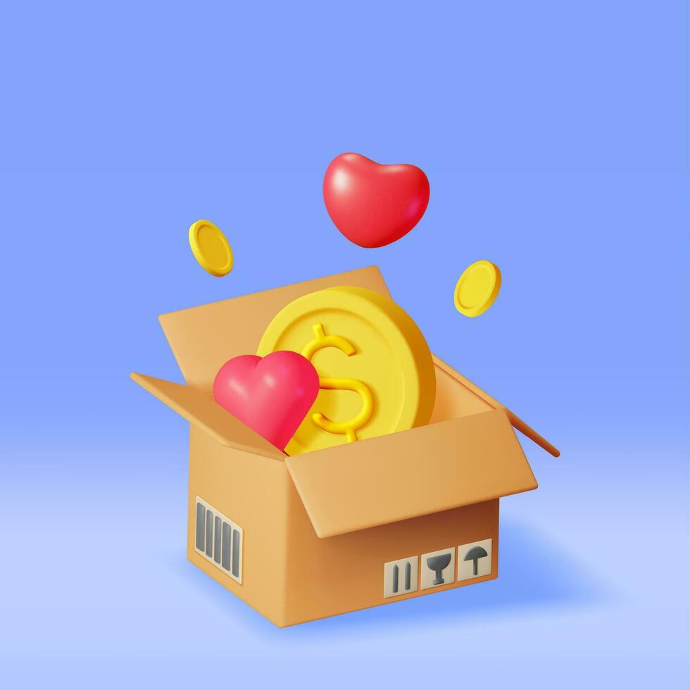 3D Cardboard Box with Gold Coins and Hearts Inside. Open Carton Package with Cash Money. Donate Money, Charity, Save Money Concept. Cargo, Delivery and Transportation. Vector Illustration