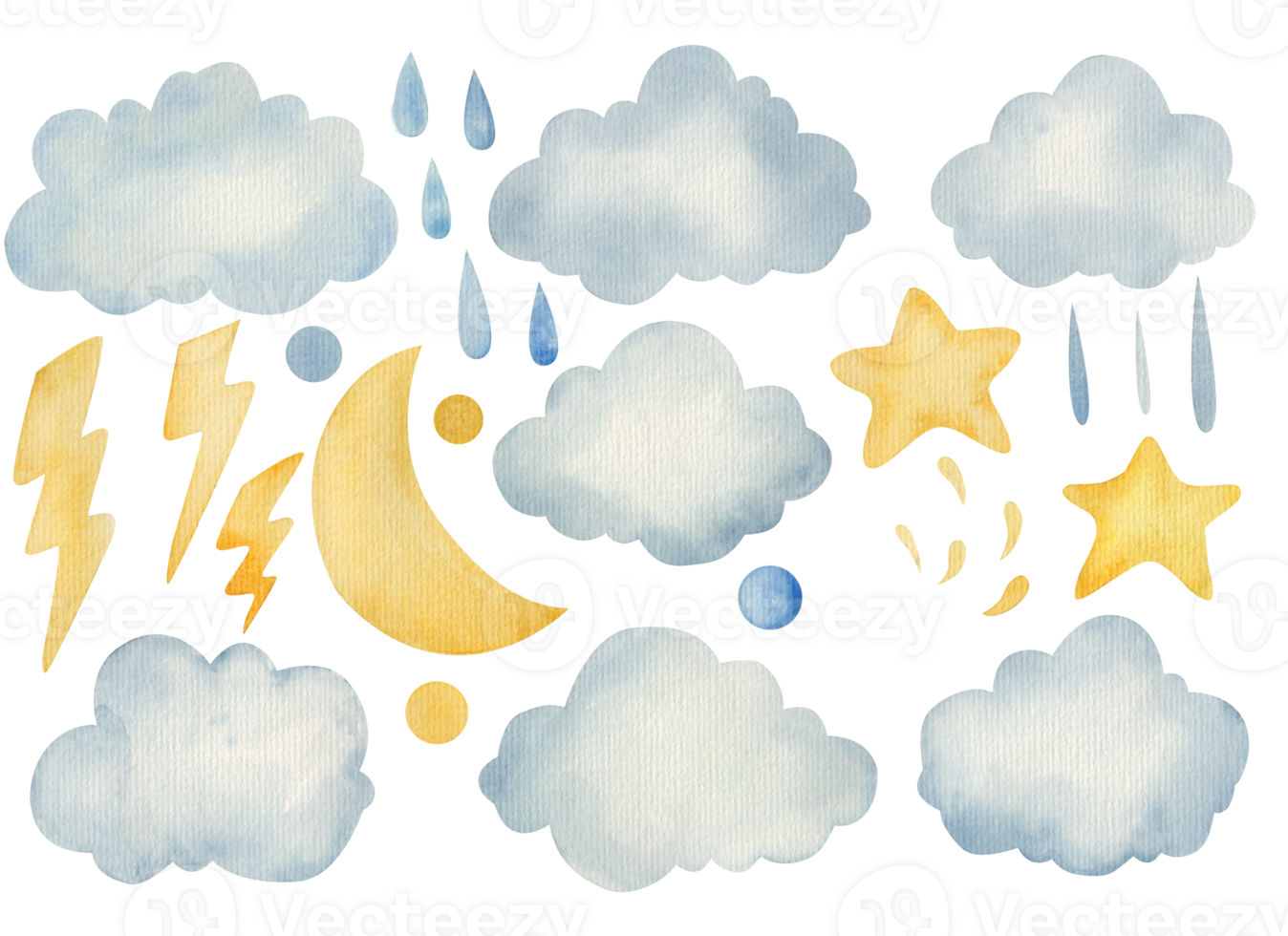 hand painted watercolor sky elements. Weather, clouds and other fairy isolated clipart png
