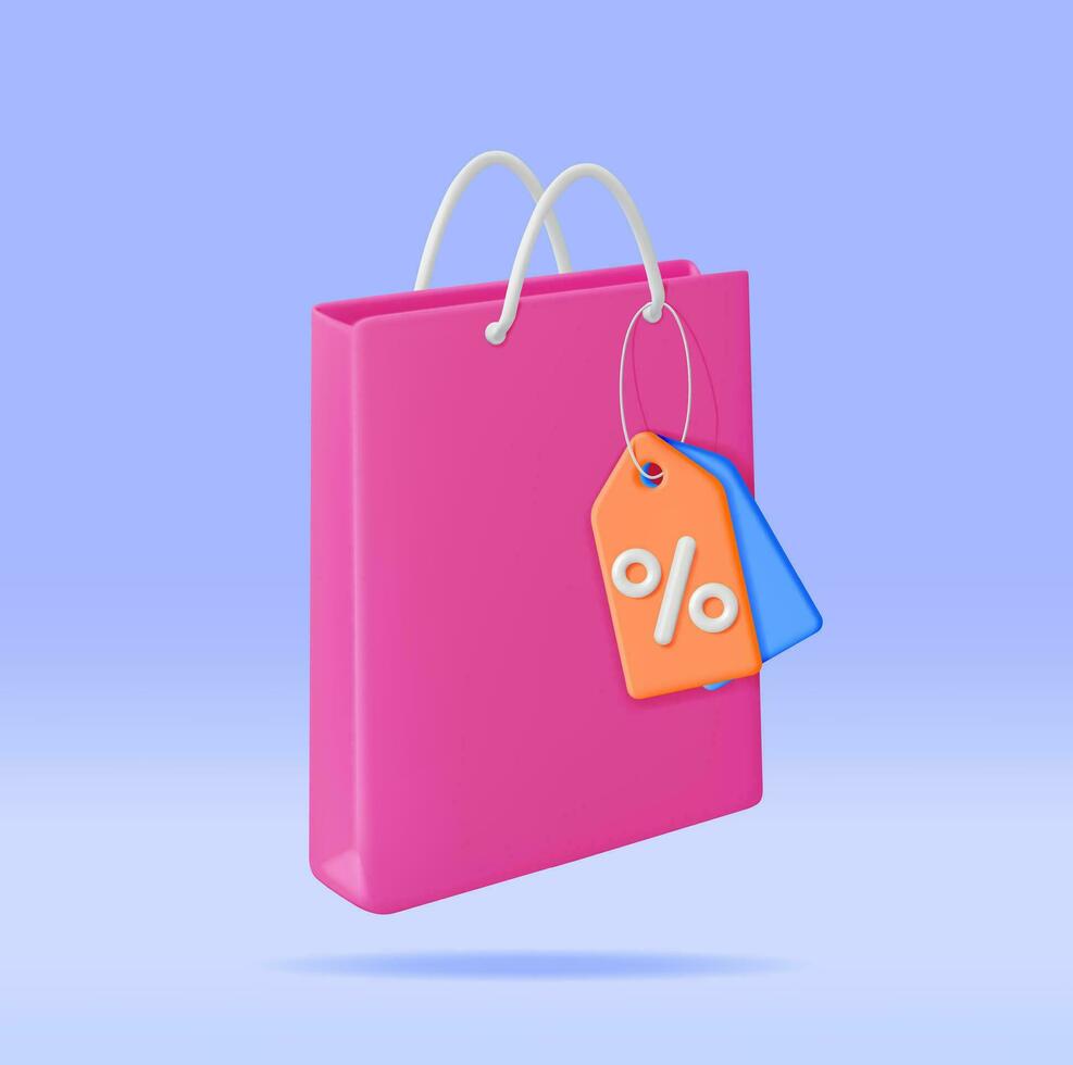 3D Shopping Bag with Price Tag and Percent Sign Isolated. Render Realistic Gift Bag. Sale, Discount or Clearance Concept. Online or Retail Shopping Symbol. Fashion Handbag. Vector Illustration