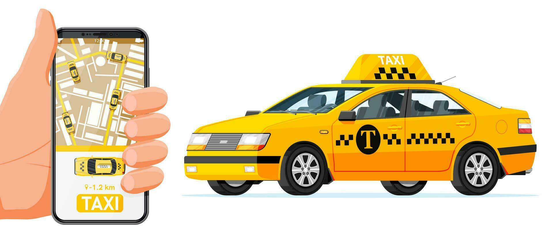 mano participación teléfono inteligente con Taxi solicitud en pantalla. Taxi coche aislado en blanco antecedentes. reserva Taxi en línea concepto. Taxi aplicación o servicio. amarillo coche y teléfono inteligente plano vector ilustración