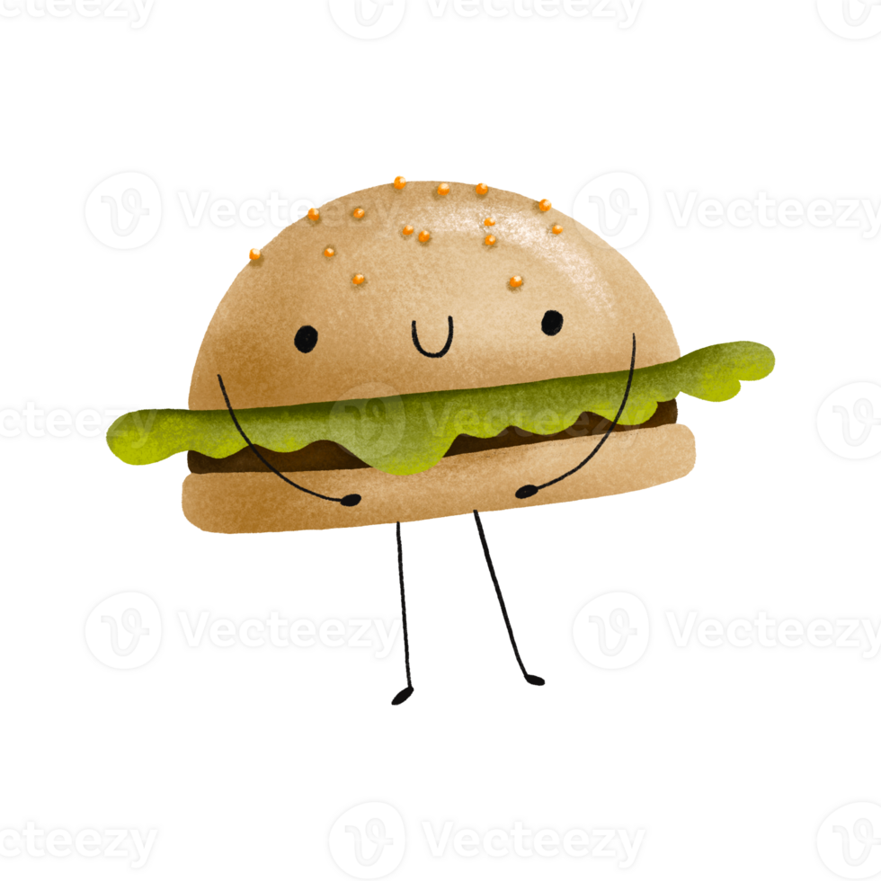 Cute playful and happy hamburger character. Burger cartoon character design with arms and legs. Delicious fast food. Cute mascot hand drawn cute illustration. png