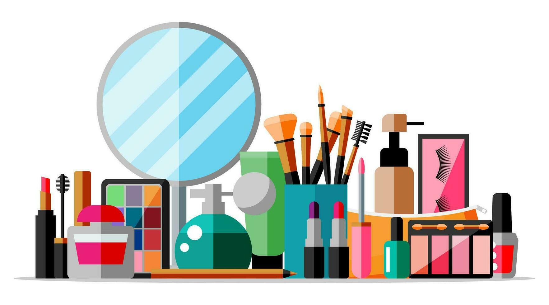 Makeup collection. Set of decorative cosmetics. Makeup store. Various