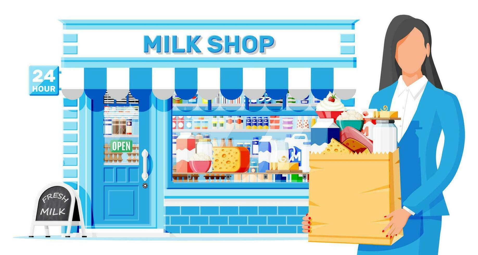 lechería Tienda o Leche tienda y mujer cliente. Tienda fachada con escaparate. granjero comercio, escaparate encimera. Leche queso yogur mantequilla agrio crema cabaña crema granja productos plano vector ilustración