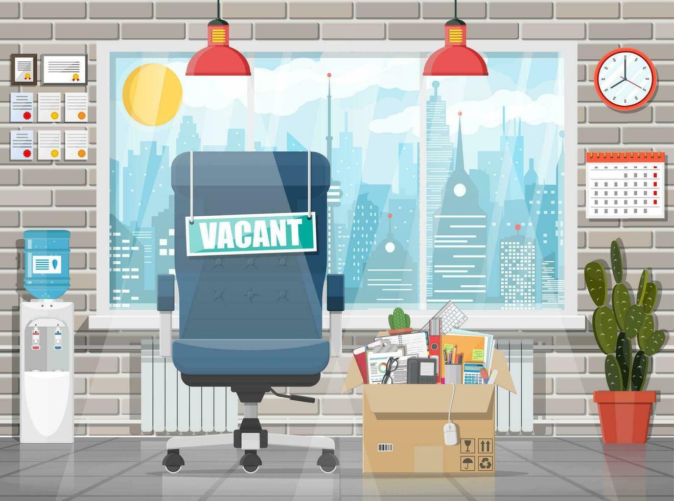 oficina interior, silla con vacante signo. caja con oficina bienes. contratación, reclutamiento. humano recursos administración concepto, buscando profesional personal, trabajar. encontró Derecha reanudar. plano vector ilustración