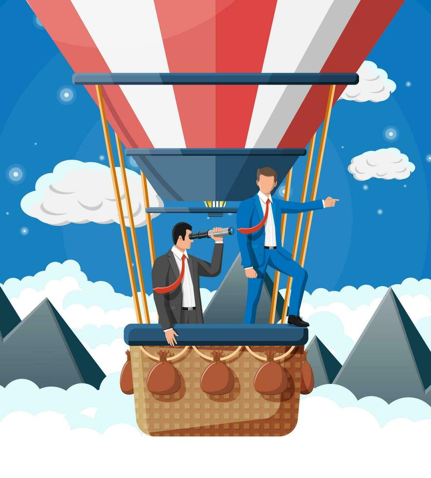 Business people on air balloon. Businessman with spyglass. Team work, collaboration. Searching business solution and strategy. Success achievement business vision career goal. Flat vector illustration