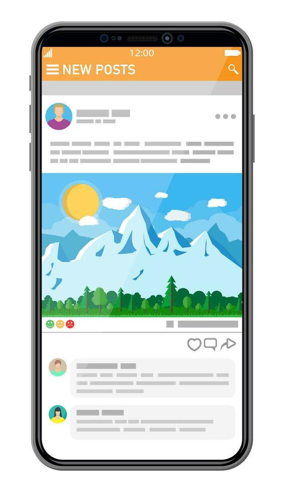 Social network interface template on smartphone screen. News post frames pages on mobile device. Users comment on photo. Social resources application mock up. Vector illustration in flat style