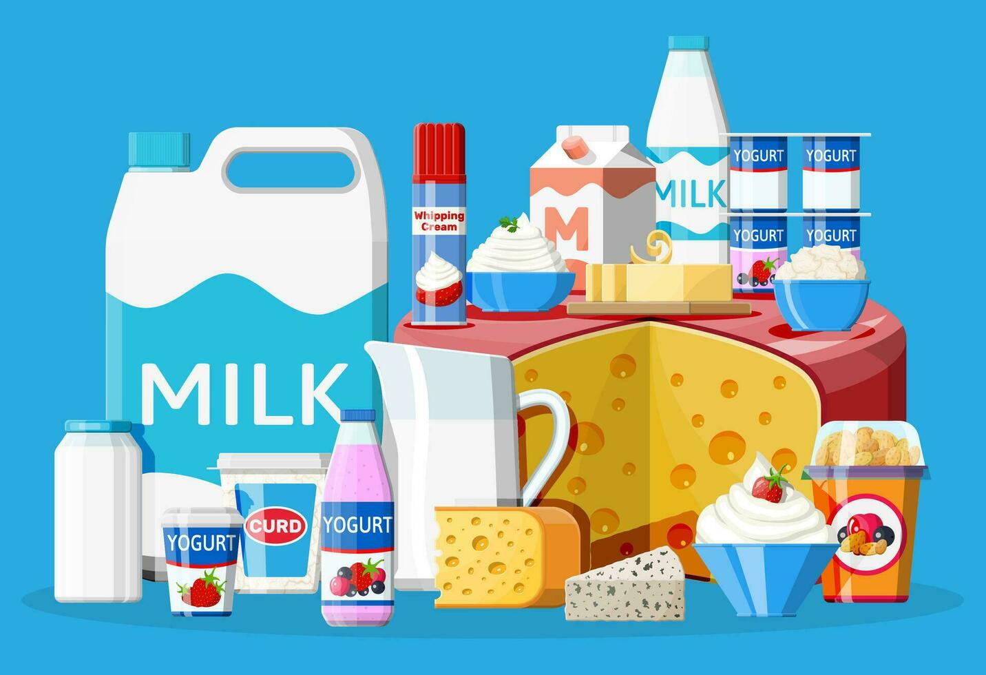 lechería productos colocar. colección de Leche alimento. leche, queso, yogur, manteca, agrio crema, cabaña, crema y Cuajada. tradicional granja productos aislado en azul. vector ilustración en plano estilo