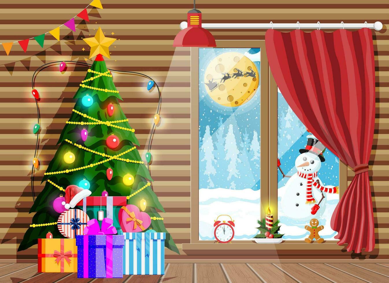 Cozy interior of room with christmas tree. Happy new year decoration. Merry christmas holiday. New year and xmas celebration. Winter landscape, snow, village. Cartoon flat vector illustration.