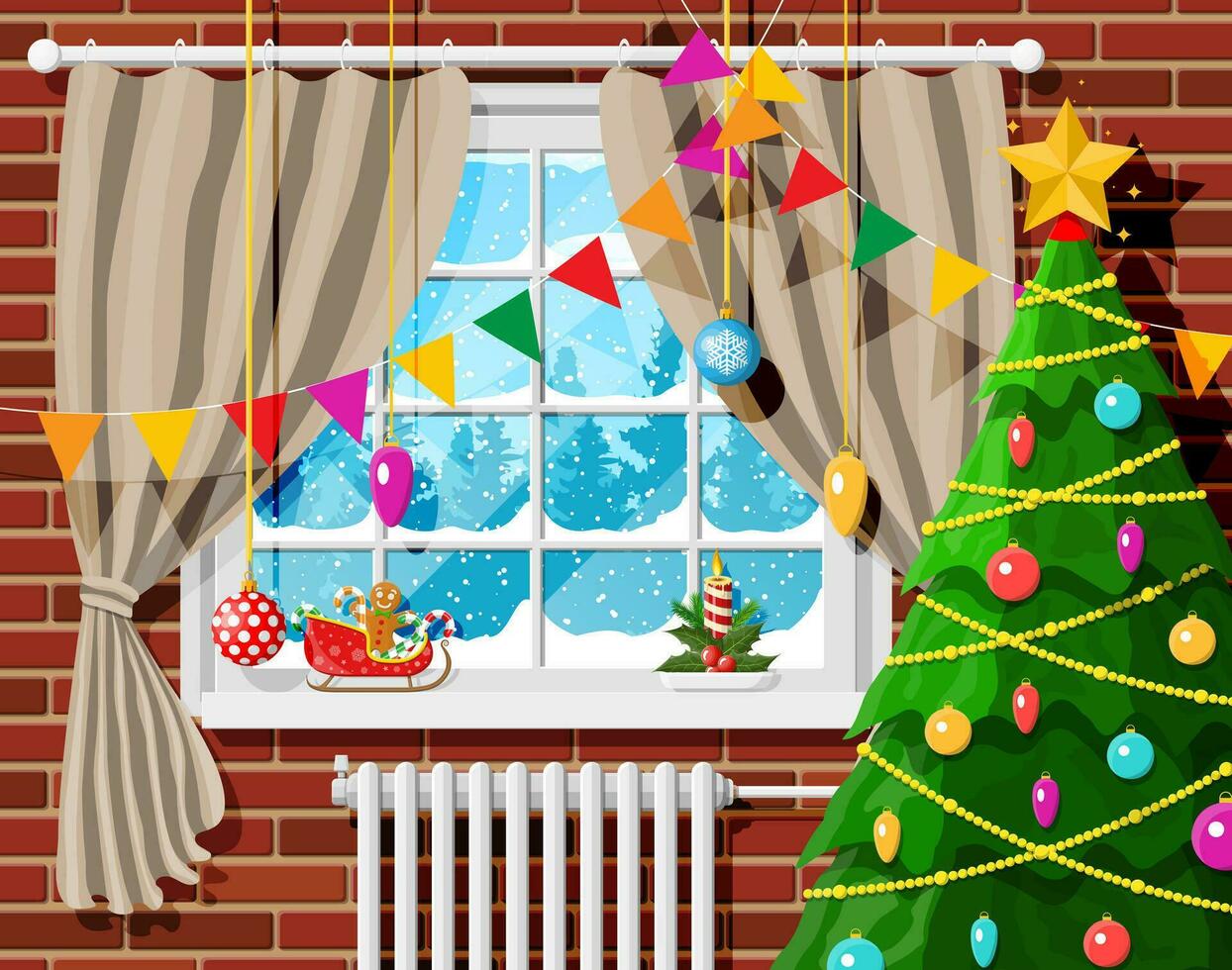 Cozy interior of room with christmas tree. Happy new year decoration. Merry christmas holiday. New year and xmas celebration. Winter landscape, snow, village. Cartoon flat vector illustration.