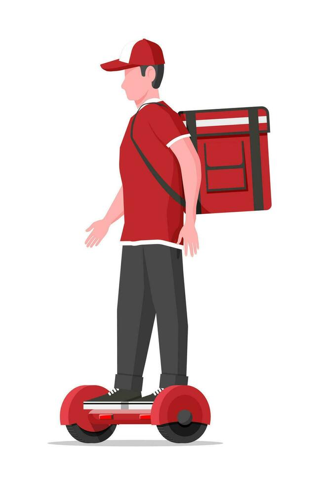 Delivery man riding hoverboard with the box. Concept of fast delivery in the city. Male courier with parcel box on his back with goods and products. Cartoon flat vector illustration