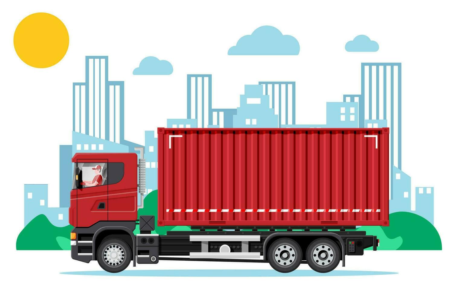 Delivery container vehicle at cityscape background. Express delivering services commercial truck. Concept of fast and free delivery by car. Cargo and logistic. Cartoon flat vector illustration