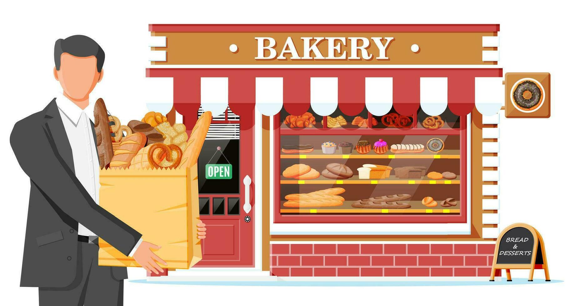 Bakery shop building facade with man customer. Baking store, cafe, bread, pastry and dessert shop. Showcases with various bread and cakes products. Market or supermarket. Flat vector illustration