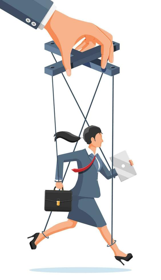 Businesswoman marionette is hanging on ropes. Hand of puppeteer holding business woman on leash. Puppet doll worker, abuse of power, manipulation. Vector illustration in flat style